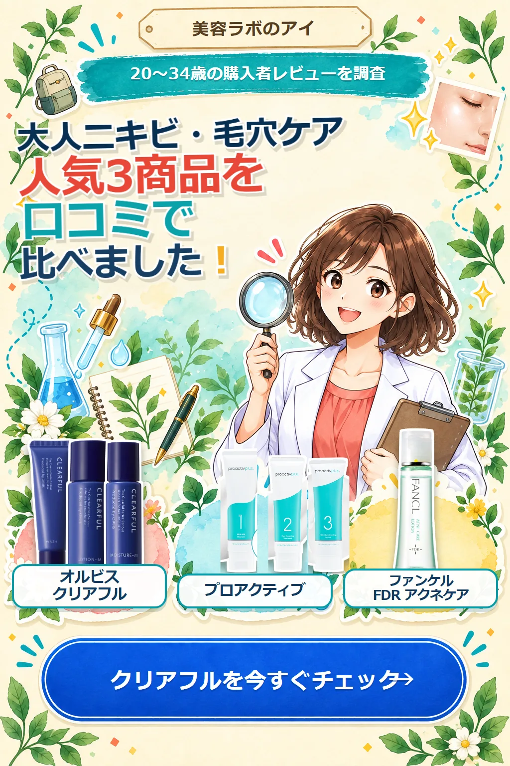 クリアフル、プロアクティブ、ファンケル FDR アクネケアの口コミ比較